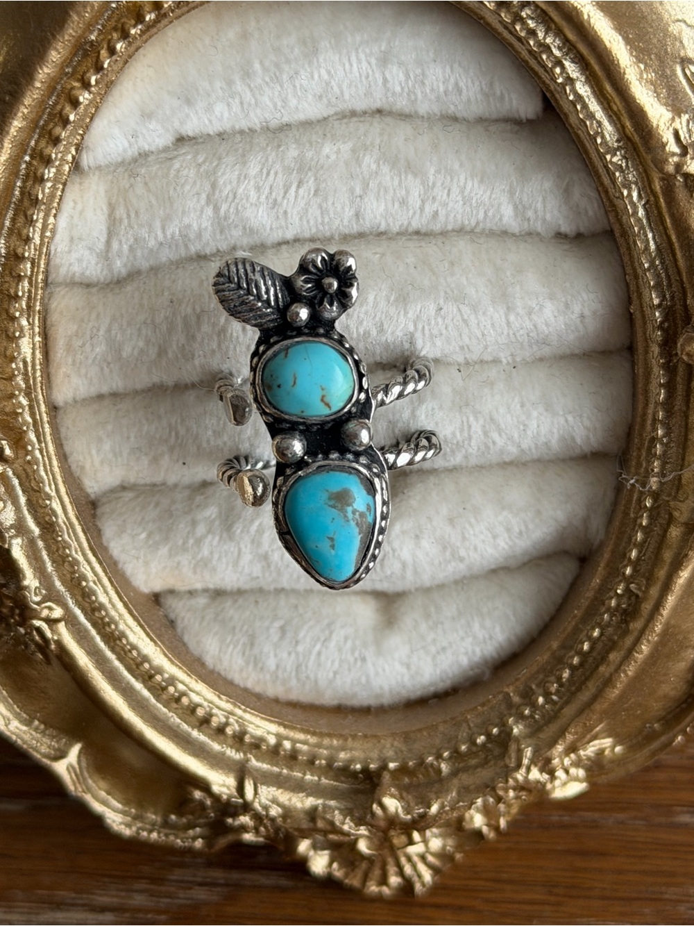 Turquoise Double Stone Silver Floral Ring - Blue